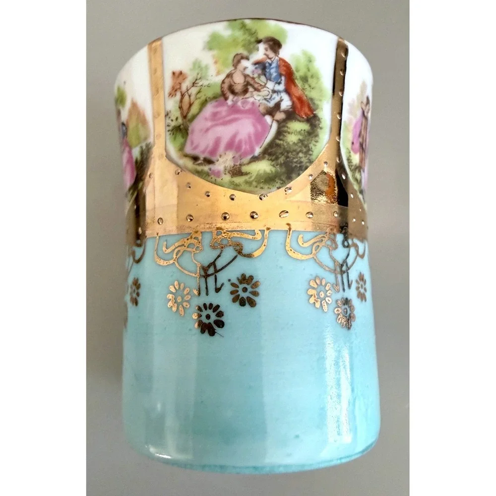 Antique Vienna‑Style Porcelain Cup w/ Ornate Silverplate Holder & Saucer